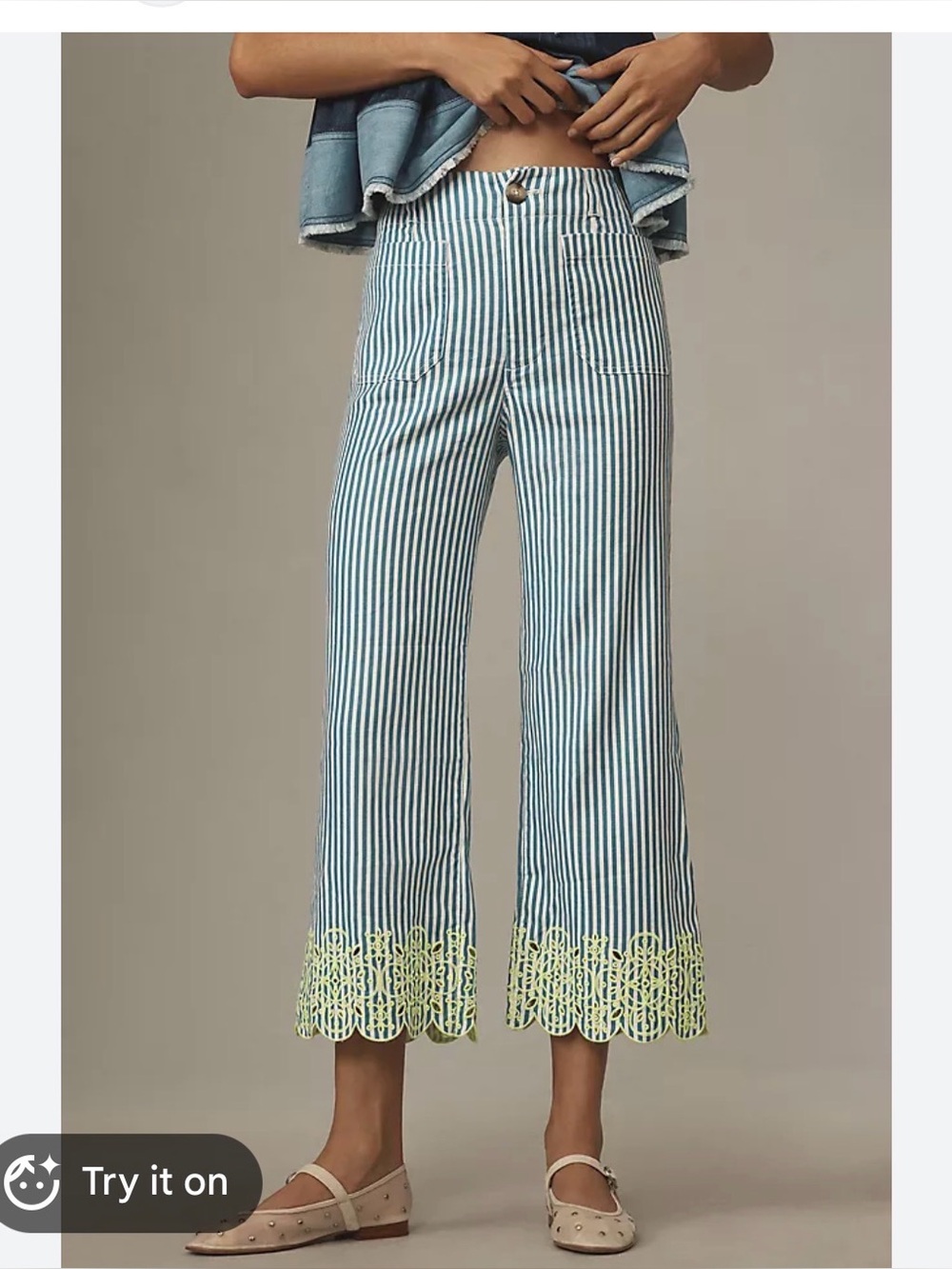 Anthropologie Maeve Blue and White Striped Pants w/ Neon Yellow Scalloped detail